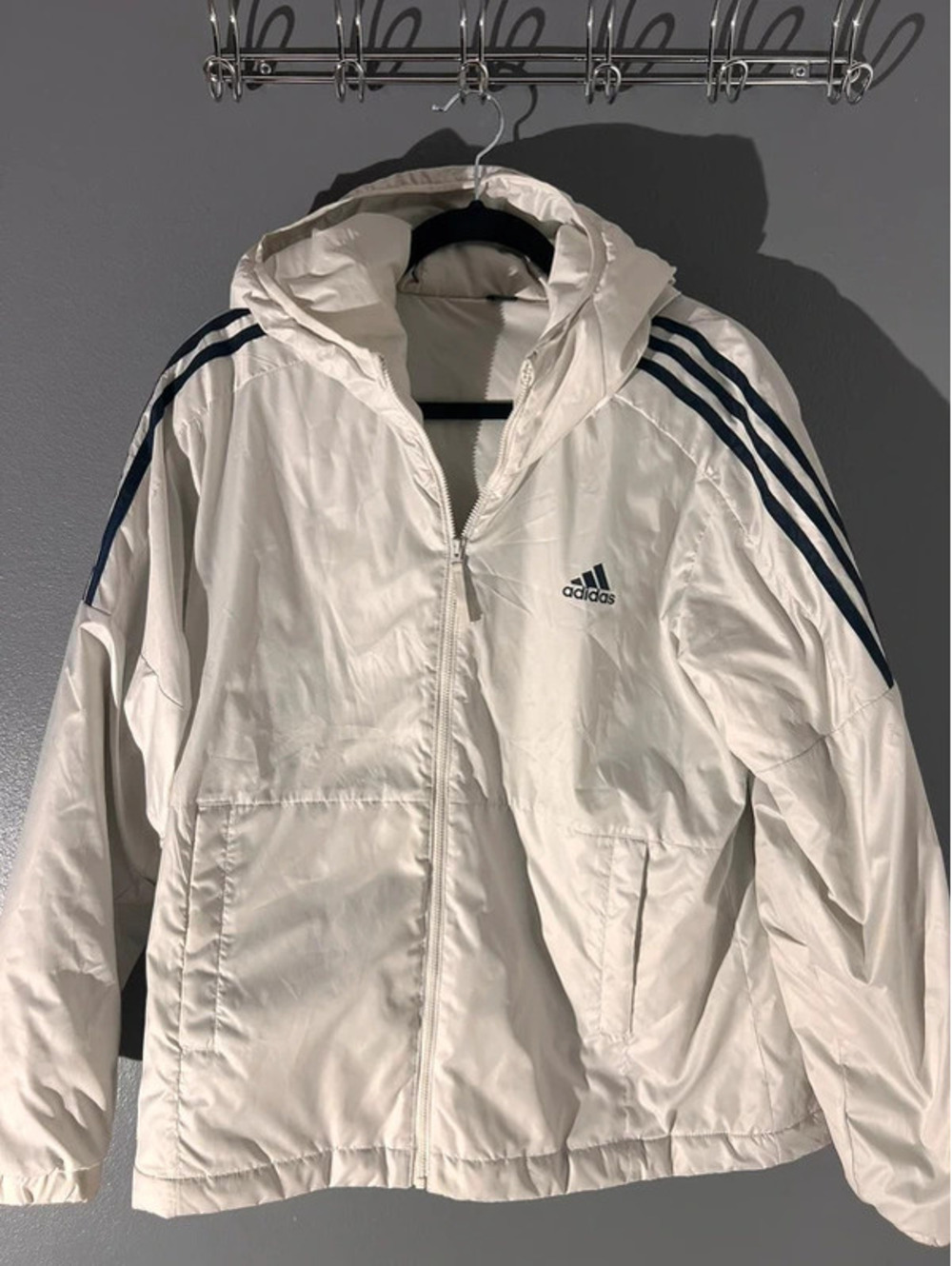 Adidas Retro White Three Stripe Full Zip Hooded Jacket - Women's L / Unisex